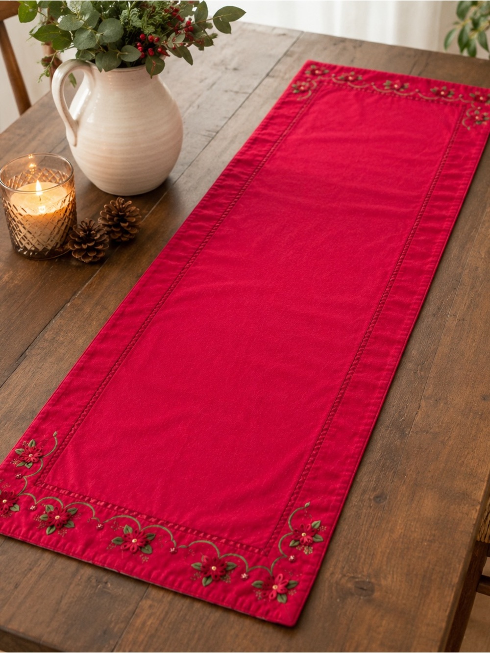 Vintage Red Table Runner Christmas Poinsettia Embroidered & Beaded 13” x 66”